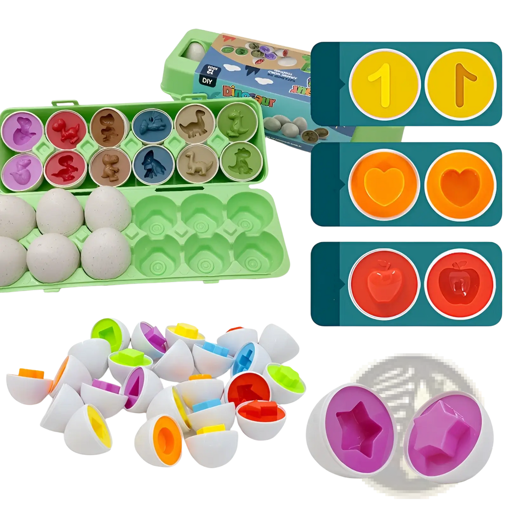 Montessori matching egg toy shape and color sorter set with colorful plastic dinosaur eggs and green tray with shaped inserts