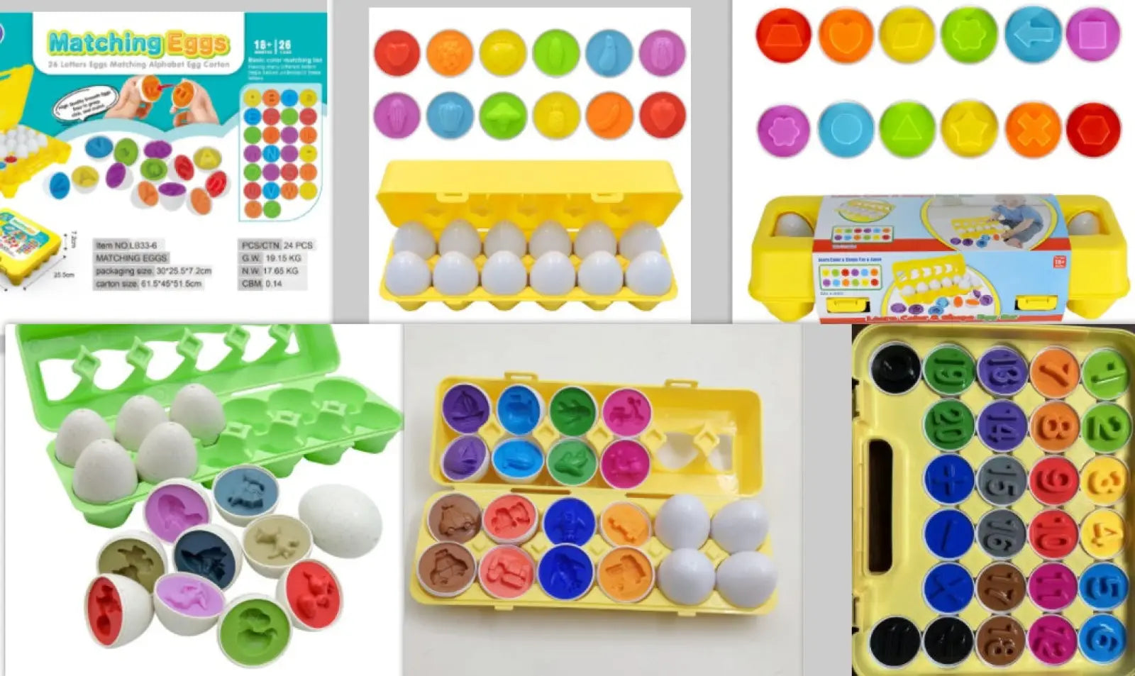Colorful plastic egg-shaped matching game pieces in a yellow tray from montessori matching egg toy shape and color sorter set
