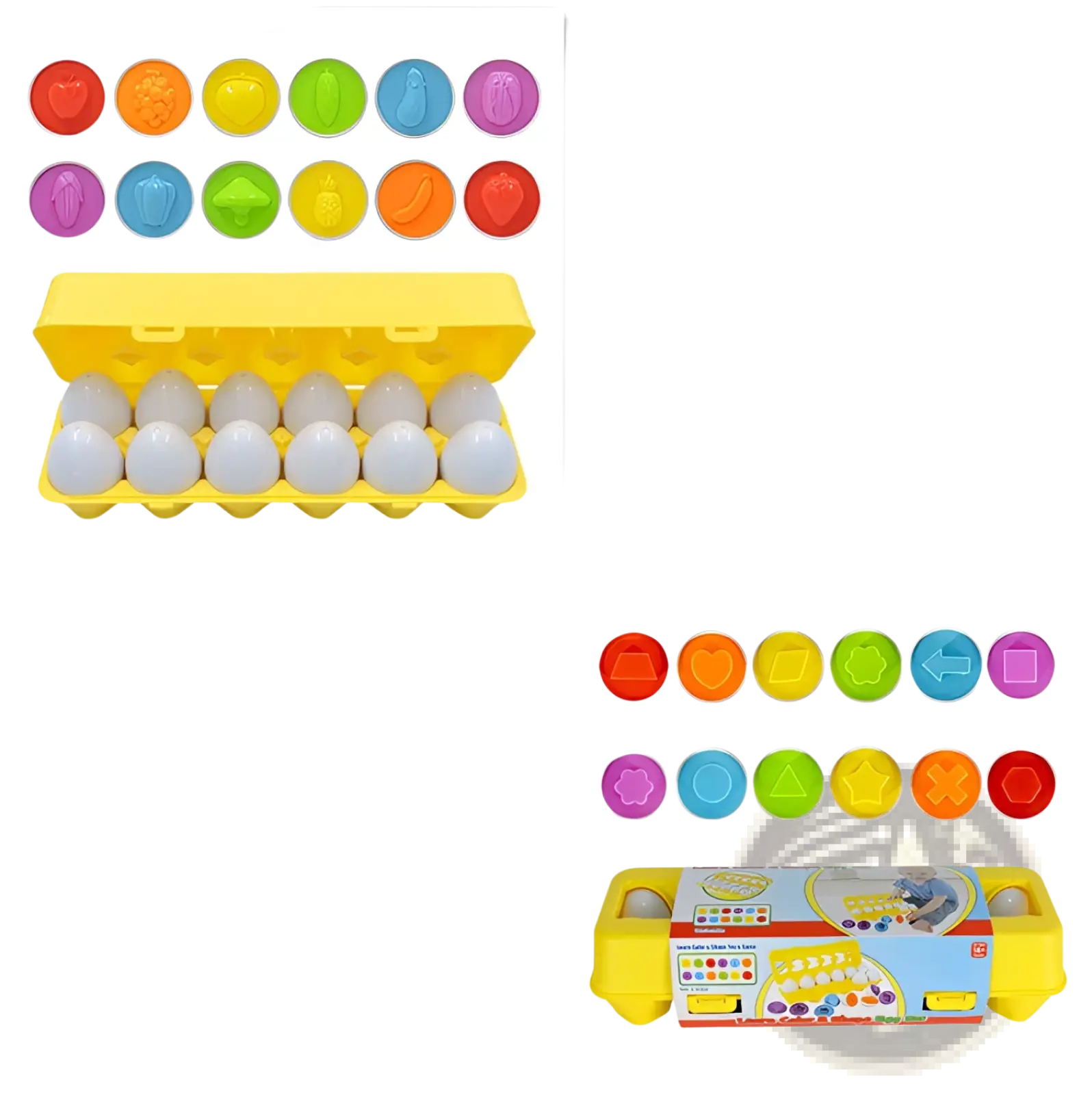 Brightly colored plastic Montessori matching egg toy shape and color sorter set in a yellow carton for learning play