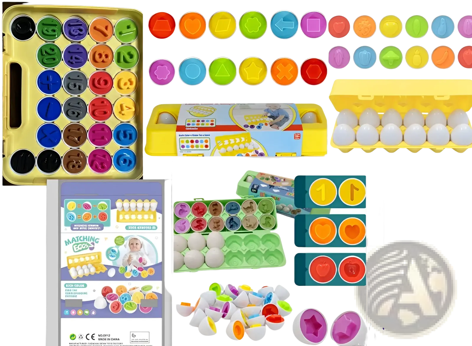 Montessori matching egg toy shape and color sorter set with colorful plastic eggs and numbered shaped inserts in yellow case