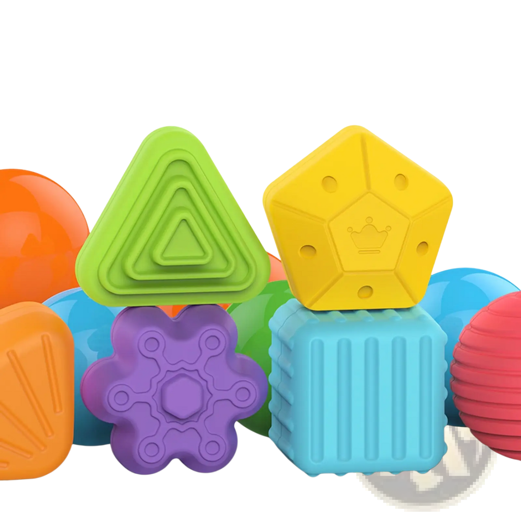 Montessori shape sorter toy featuring brightly colored silicone geometric shapes including a green triangle and yellow pentagon with crown emblem