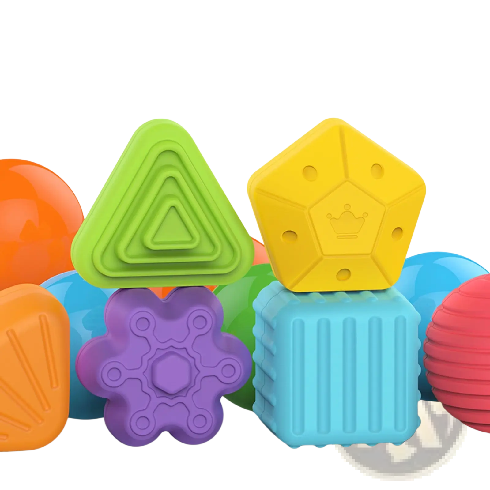 Montessori shape sorter toy featuring brightly colored silicone geometric shapes including a green triangle and yellow pentagon with crown emblem