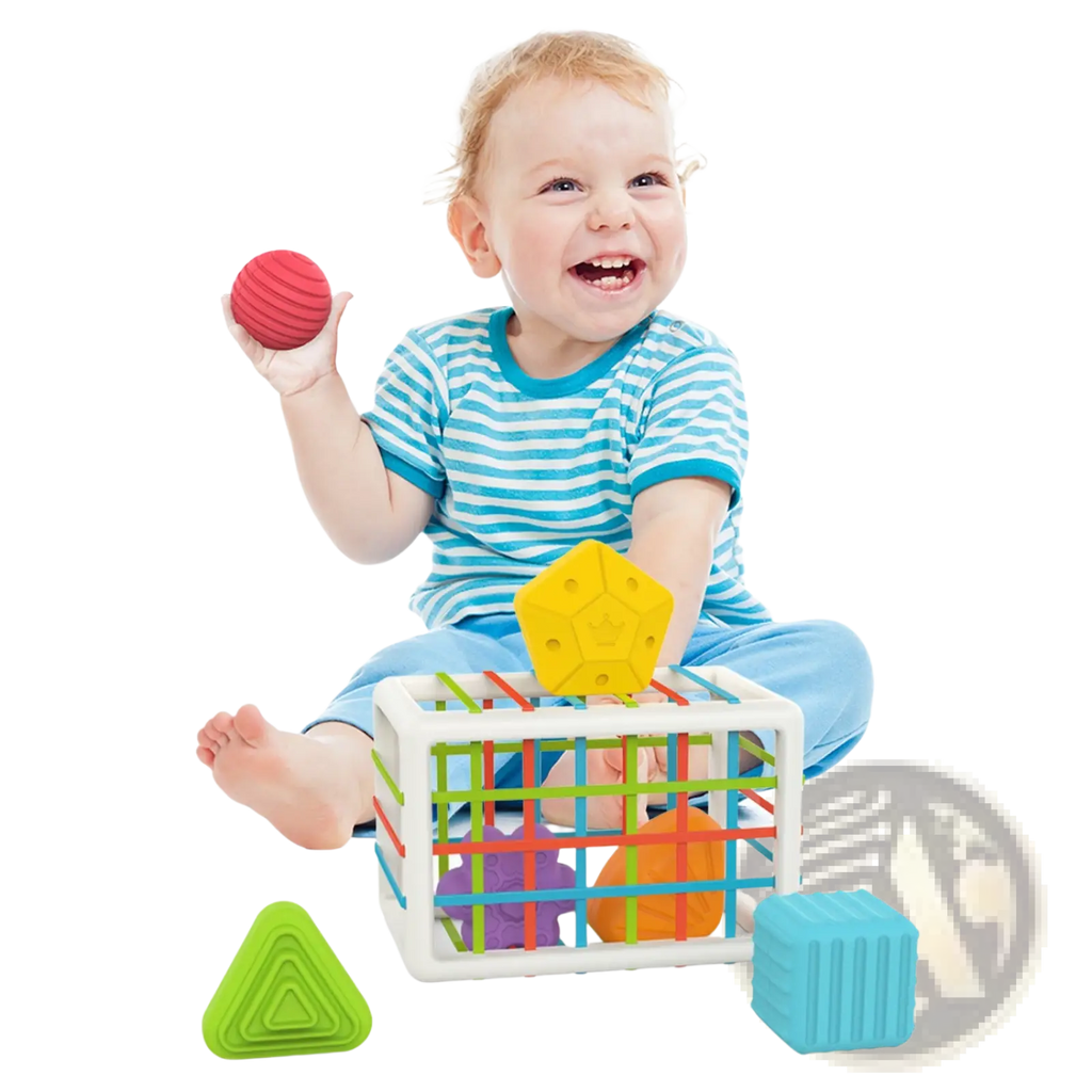 Montessori shape sorter toy with colorful silicone geometric shapes in a white grid box for toddler sensory play