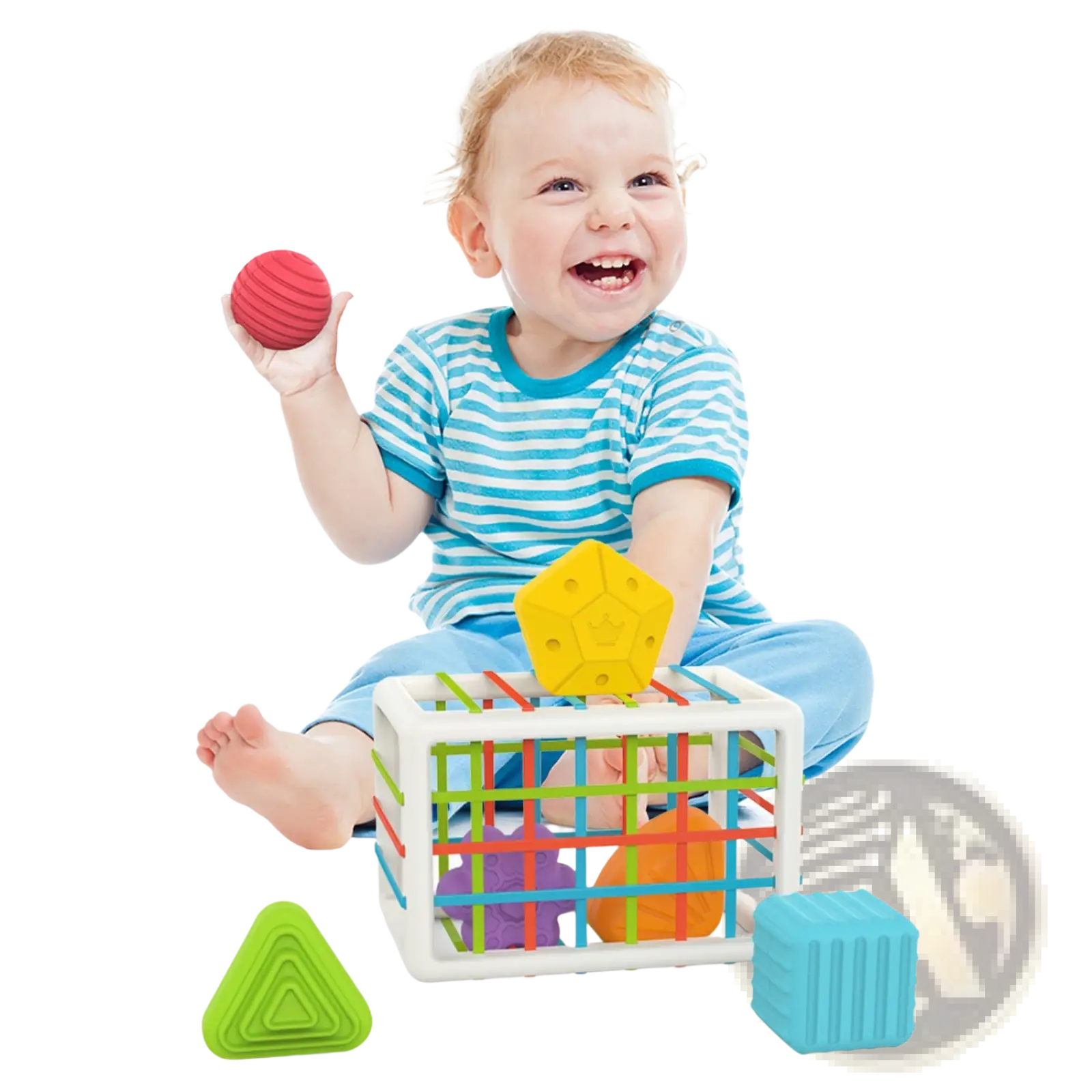 Montessori shape sorter toy with colorful silicone geometric shapes in a white grid box for toddler sensory play