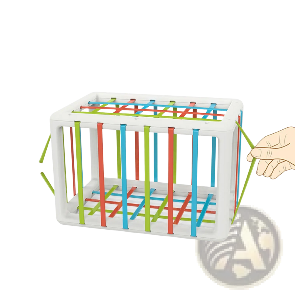 Montessori shape sorter toy with white plastic box and colorful red blue green rods for toddler sensory play