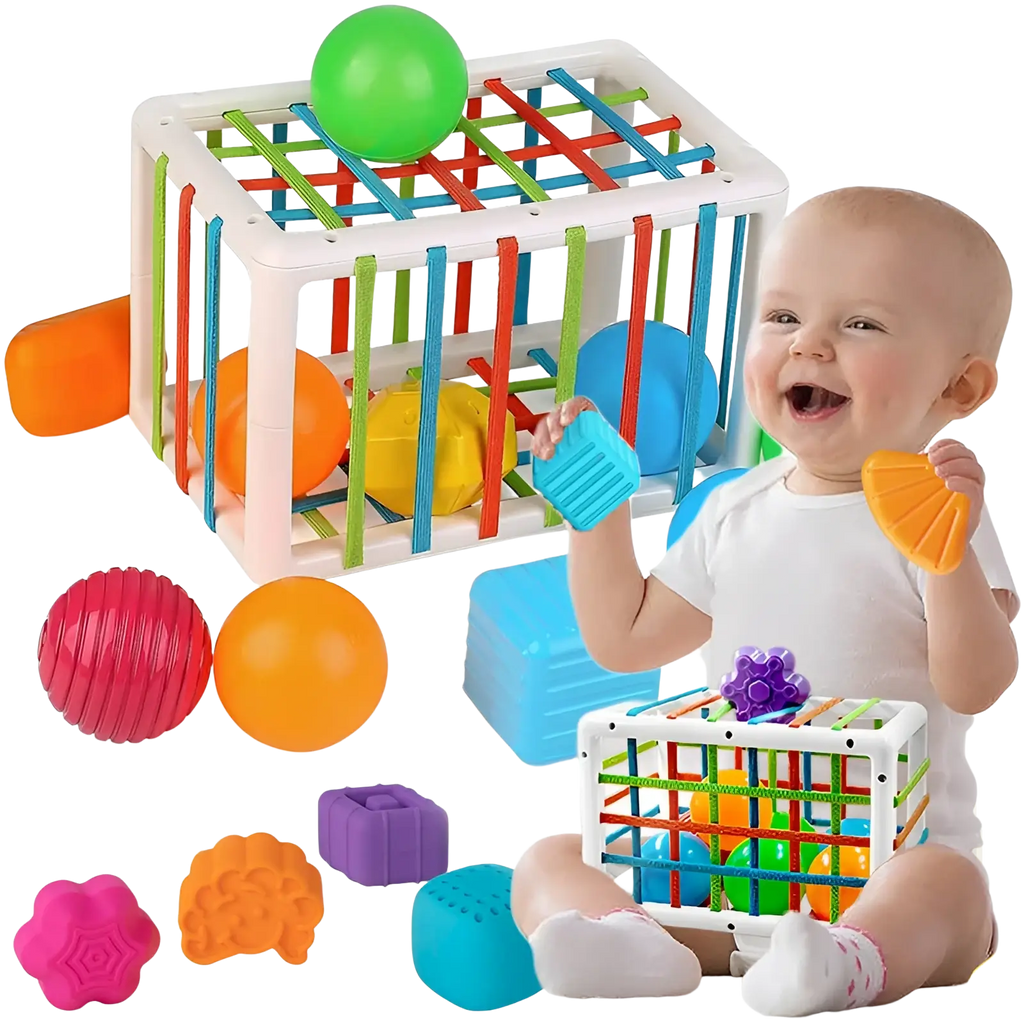 Colorful plastic Montessori shape sorter toy with interlocking rods and assorted textured balls for toddler sensory play
