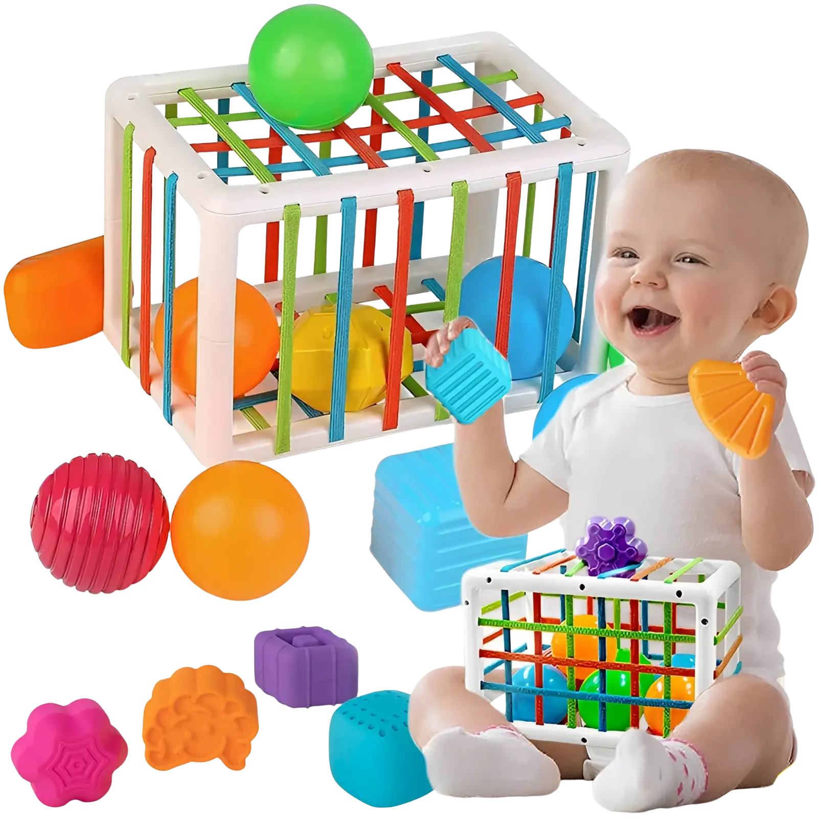 Colorful plastic Montessori shape sorter toy with interlocking rods and assorted textured balls for toddler sensory play