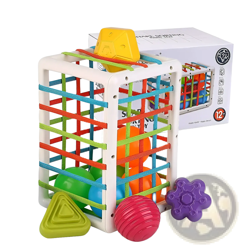 Montessori shape sorter toy with colorful plastic geometric shapes and white frame for toddler sensory play