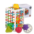 Montessori shape sorter toy with colorful plastic geometric shapes and white frame for toddler sensory play