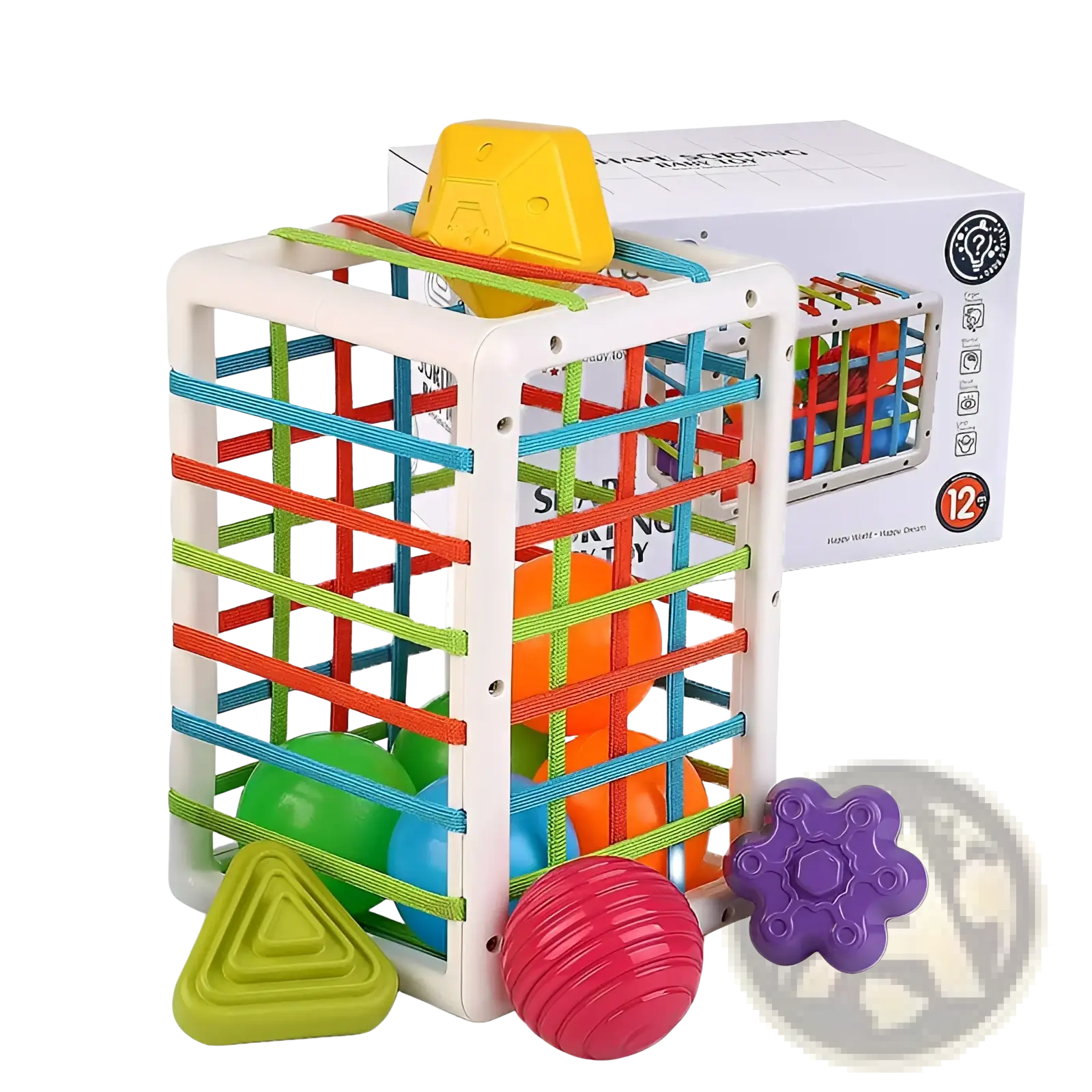 Montessori shape sorter toy with colorful plastic geometric shapes and white frame for toddler sensory play