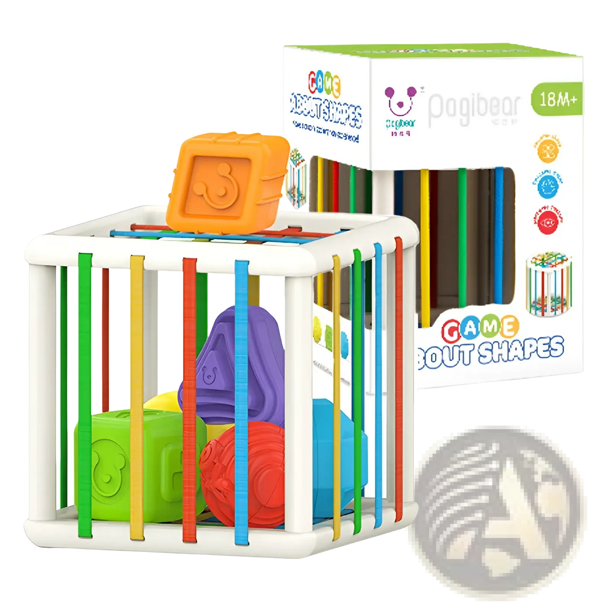 Montessori shape sorter toy with colorful plastic shapes and white frame with rainbow-colored vertical bars for sensory play