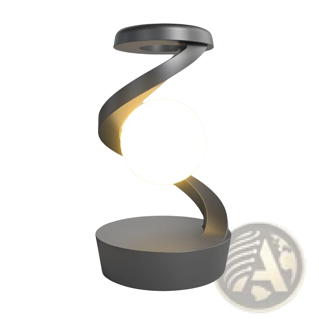 Modern silver spiral moon desk lamp with glowing spherical bulb wireless charging and sensor control features