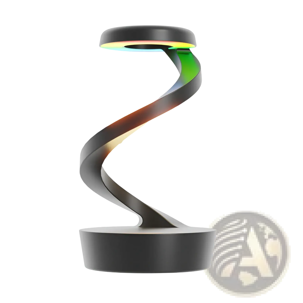 Black spiral led moon desk lamp with wireless charging sensor control and warm white glowing circular top