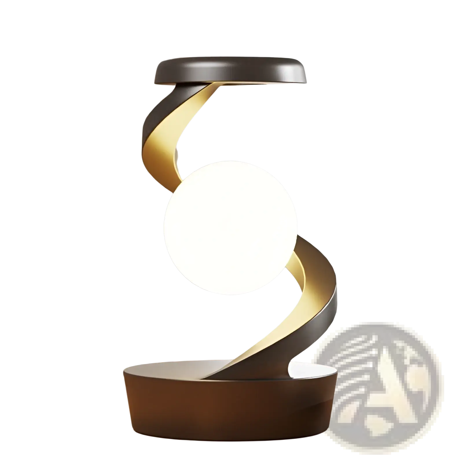 Modern floating moon desk lamp with twisted brushed gold and dark gray base glowing white bulb wireless charging sensor control
