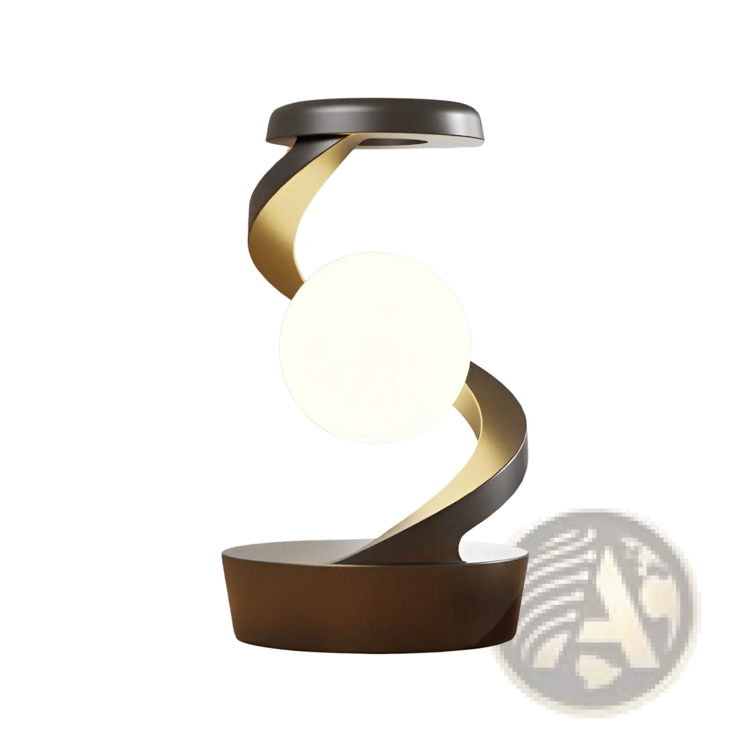 Modern spiral moon desk lamp with wireless charging and sensor control featuring matte black and gold metallic base and white bulb