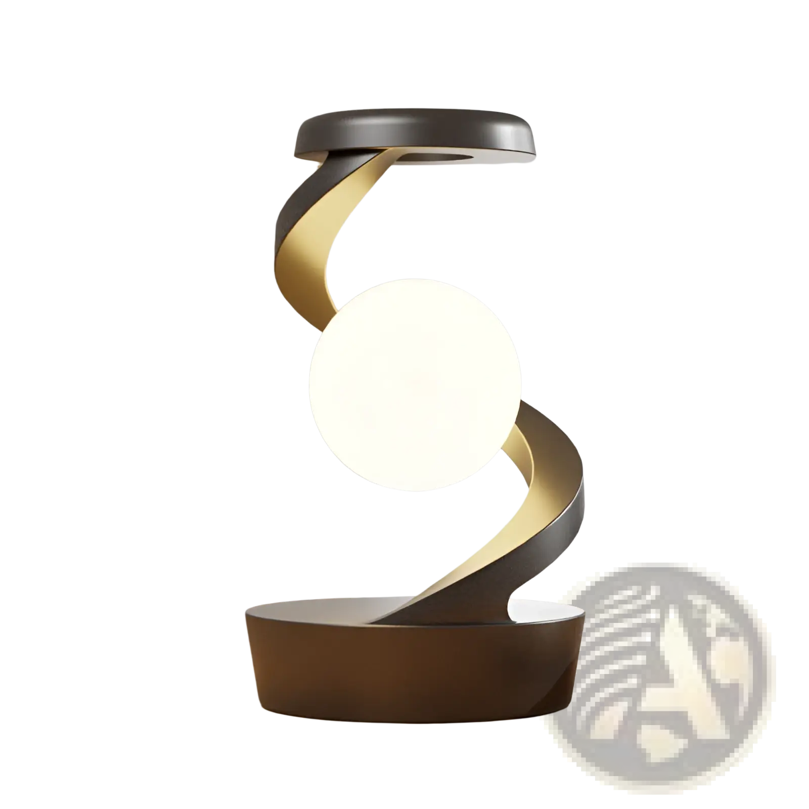 Modern spiral moon desk lamp with wireless charging and sensor control featuring matte black and gold metallic base and white bulb