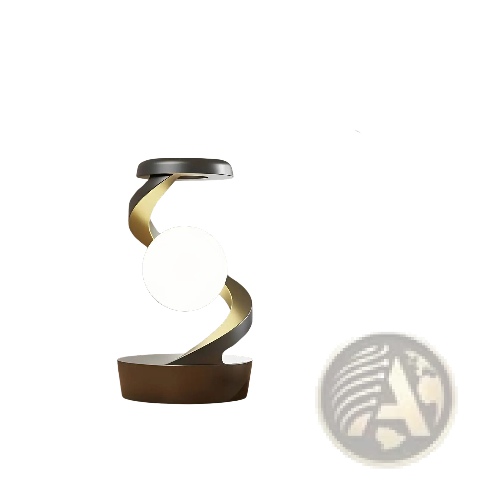 Modern silver and gold spiral moon desk lamp with glowing white sphere wireless charging and sensor control features