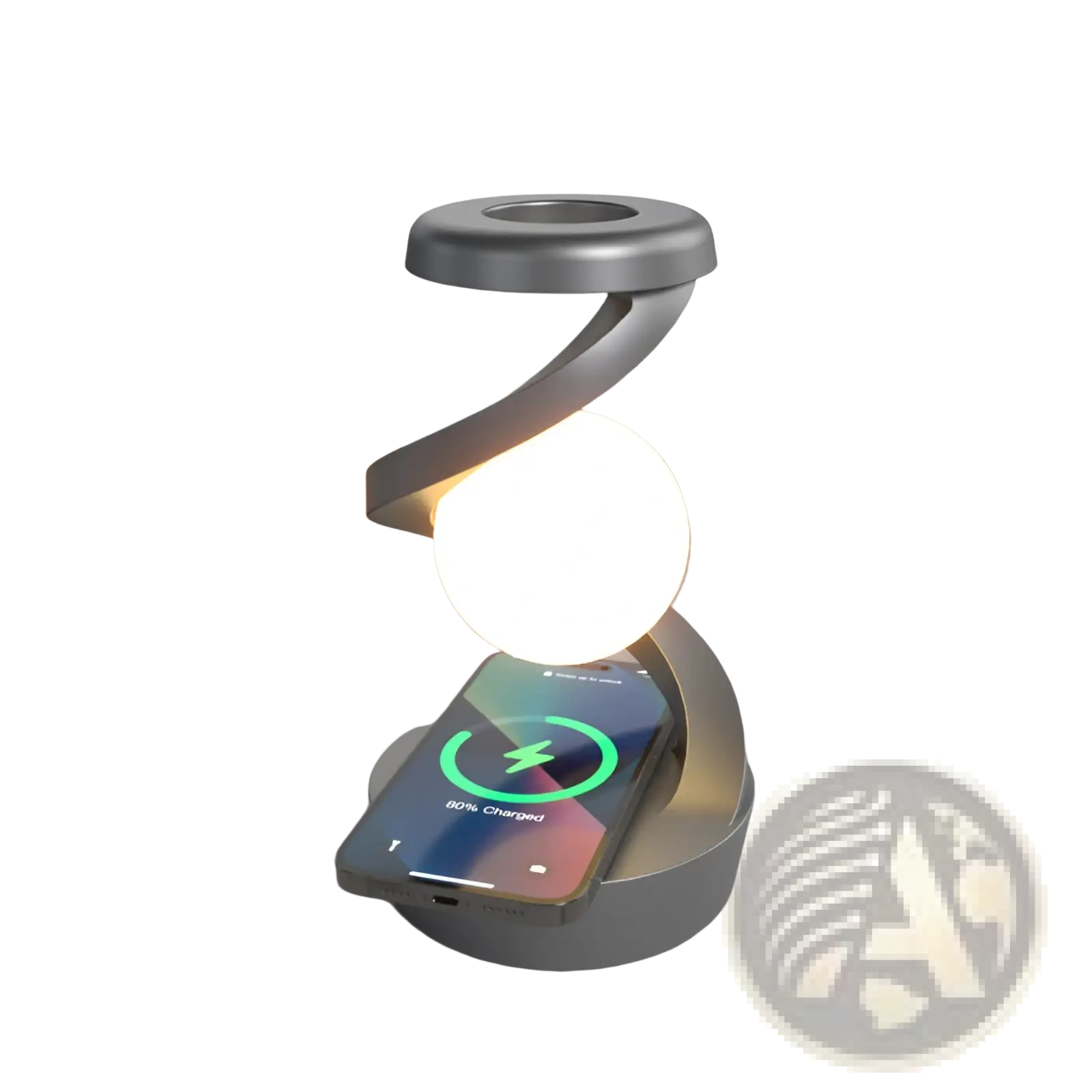 Silver spiral moon desk lamp with integrated wireless charging pad and glowing spherical light for sensor control