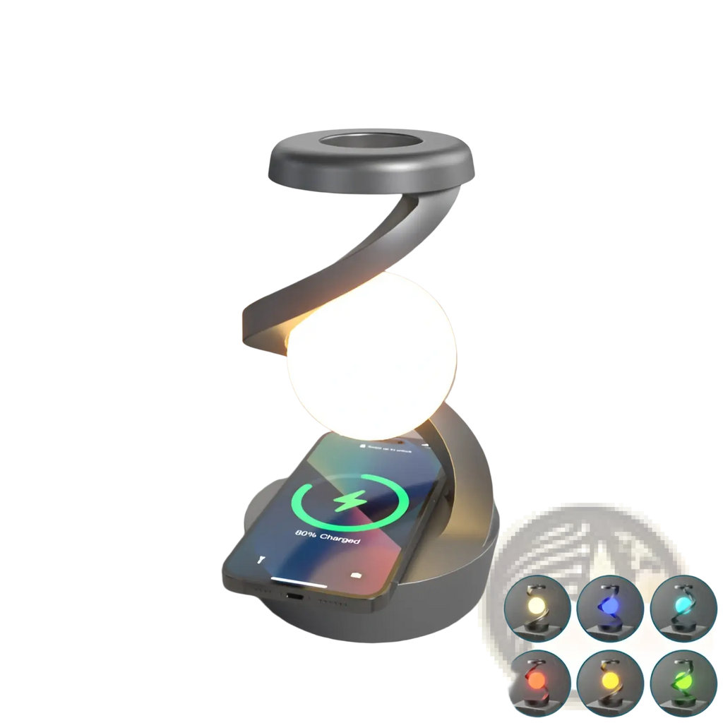 Silver spiral moon desk lamp with glowing spherical light and wireless smartphone charging pad sensor control