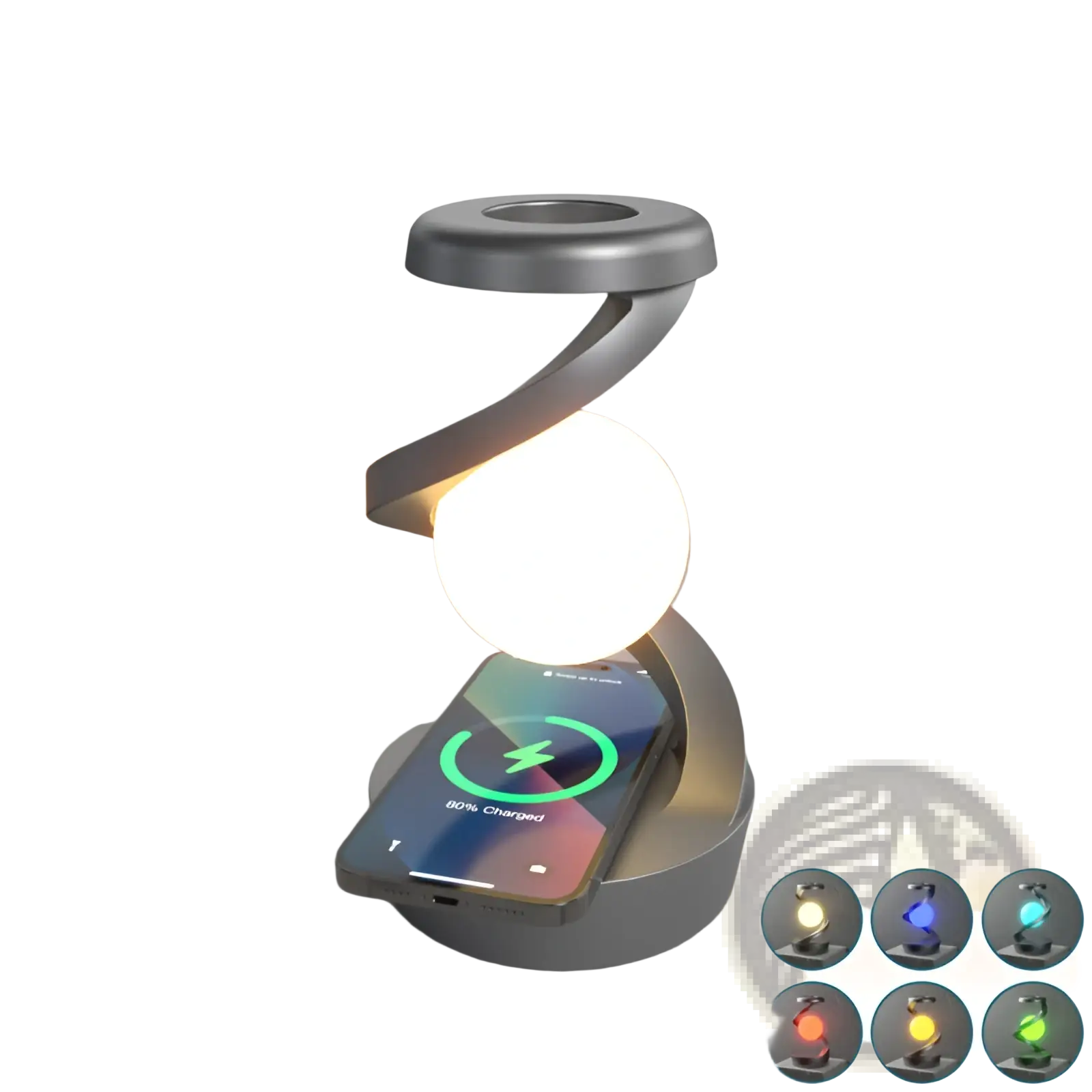 Silver spiral moon desk lamp with glowing spherical light and wireless smartphone charging pad sensor control
