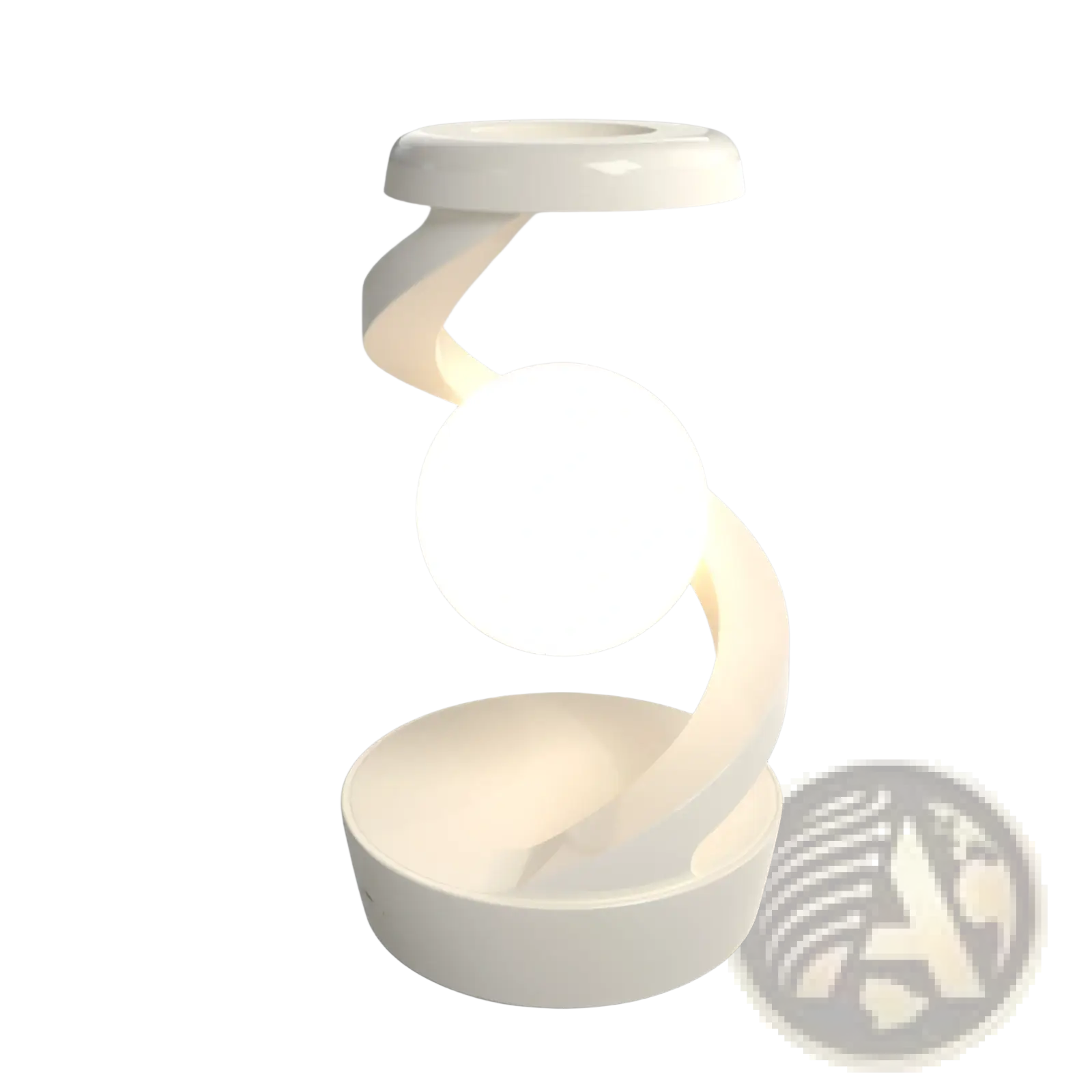 White sleekly curved moon desk lamp with glowing spherical bulb wireless charging and sensor control features