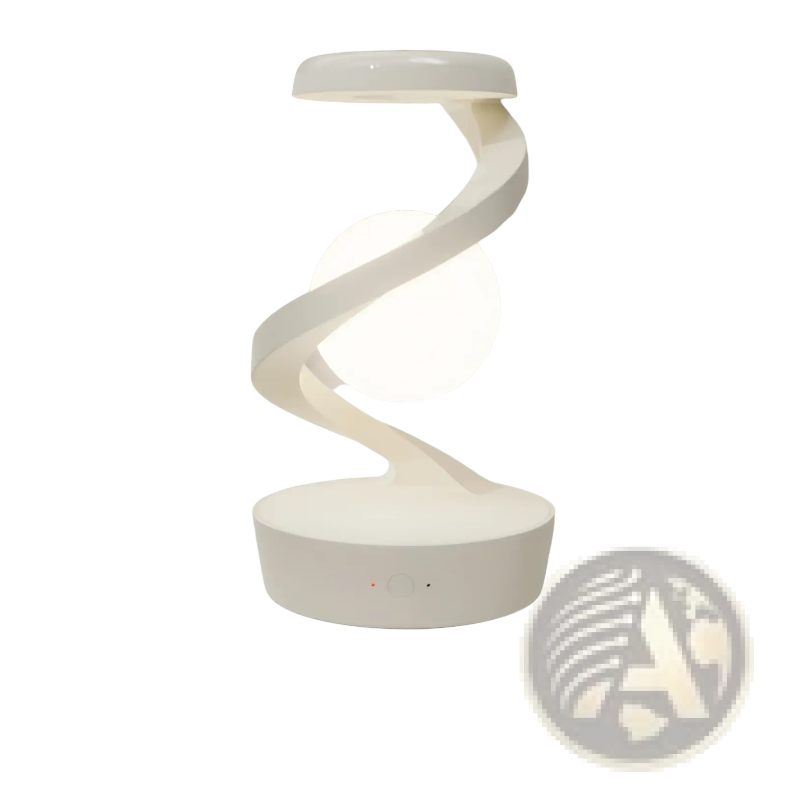 A sleek white spiral moon desk lamp with a glowing spherical bulb wireless charging and sensor control