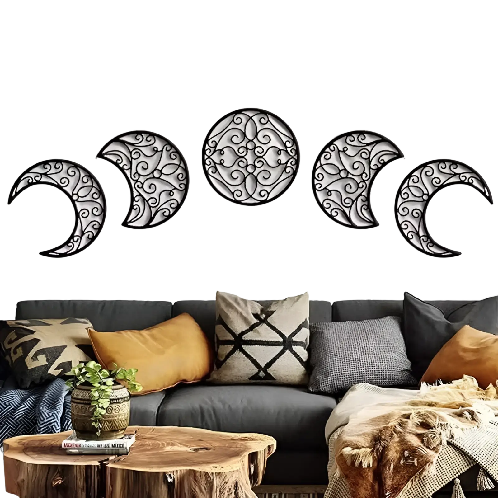 Black wrought iron moon phase wall art with five pieces and intricate swirling patterns in black metal decor