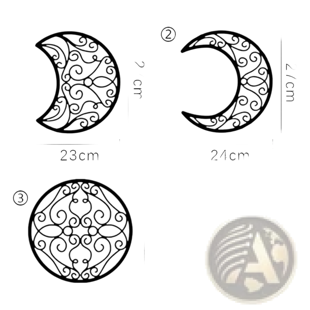 Black wrought iron moon phase wall art with intricate swirling crescent moon and circular designs five piece decor