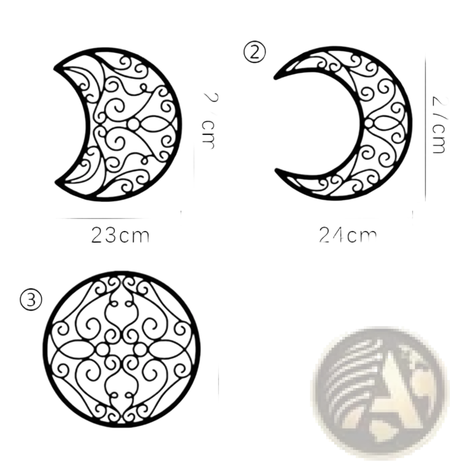 Black wrought iron moon phase wall art with intricate swirling crescent moon and circular designs five piece decor