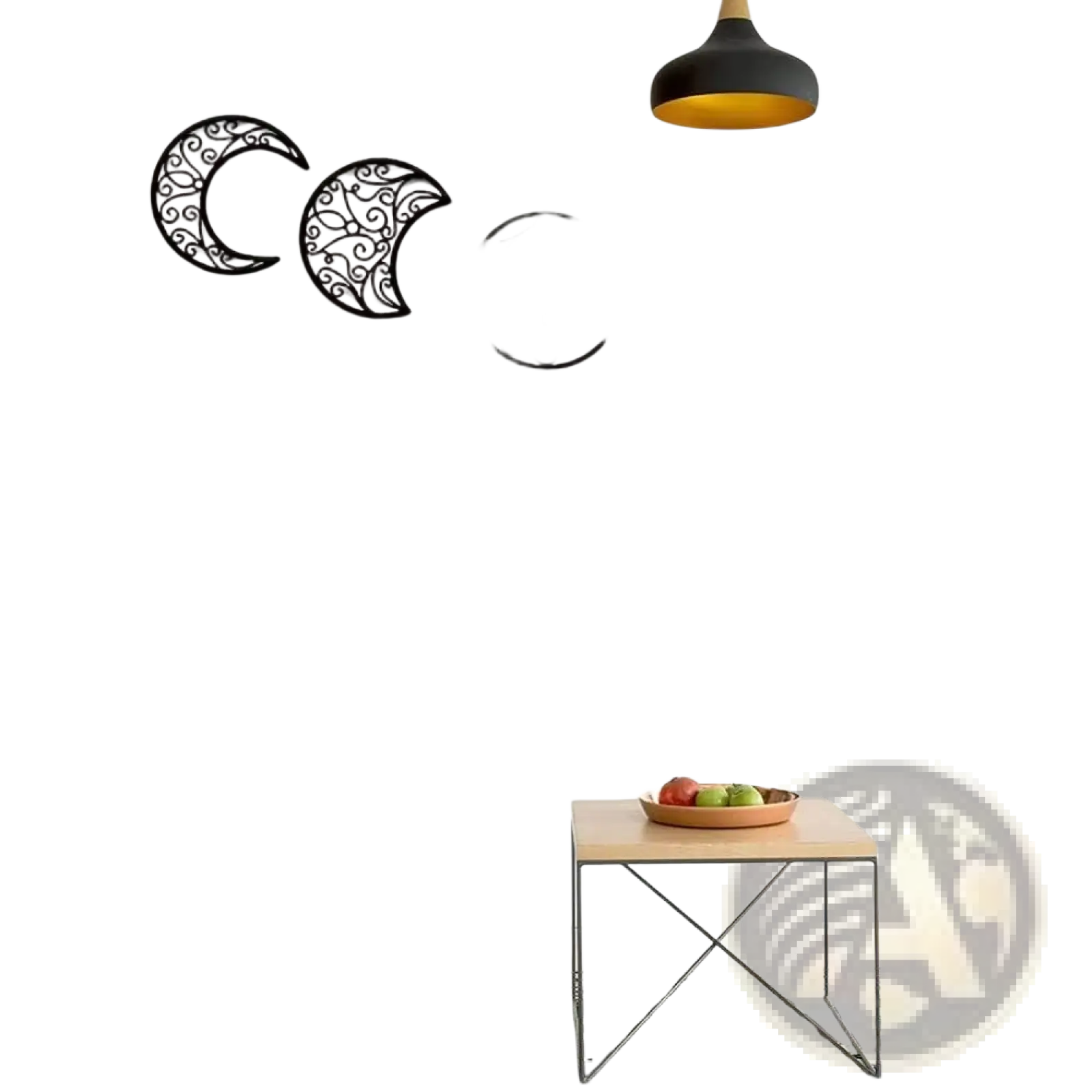 Black metal wall art depicting the phases of the moon with intricate scrollwork designs in a 5 piece set