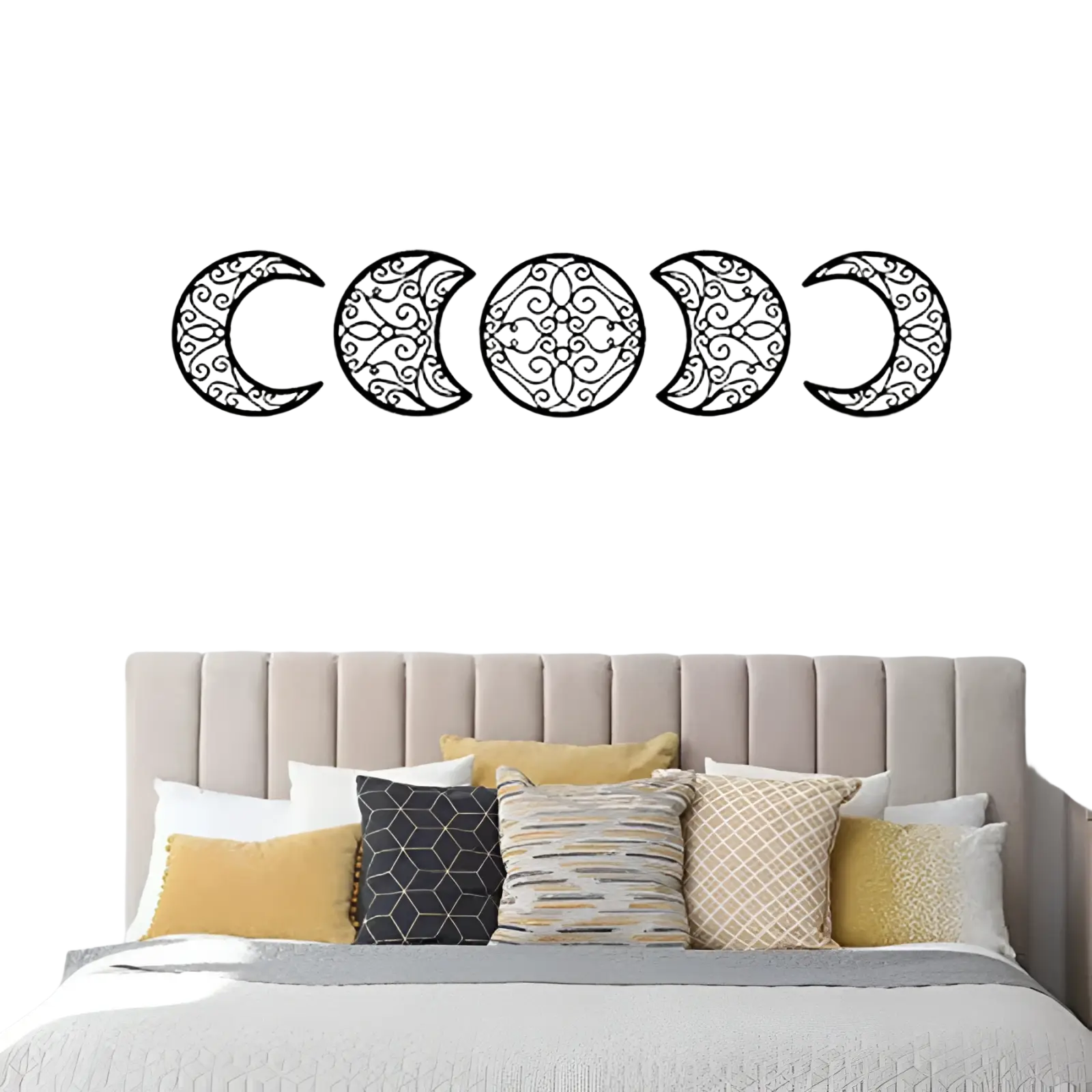 Black metal wall art featuring five intricately designed moon phases with swirling patterns for home decor