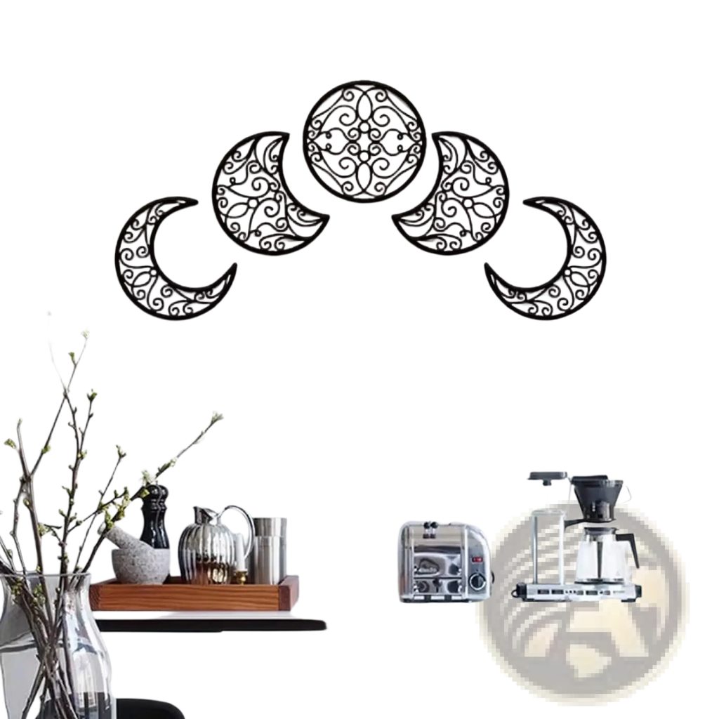 Black metal wall art featuring an ornate design of five crescent moons and one full moon arranged in an arch