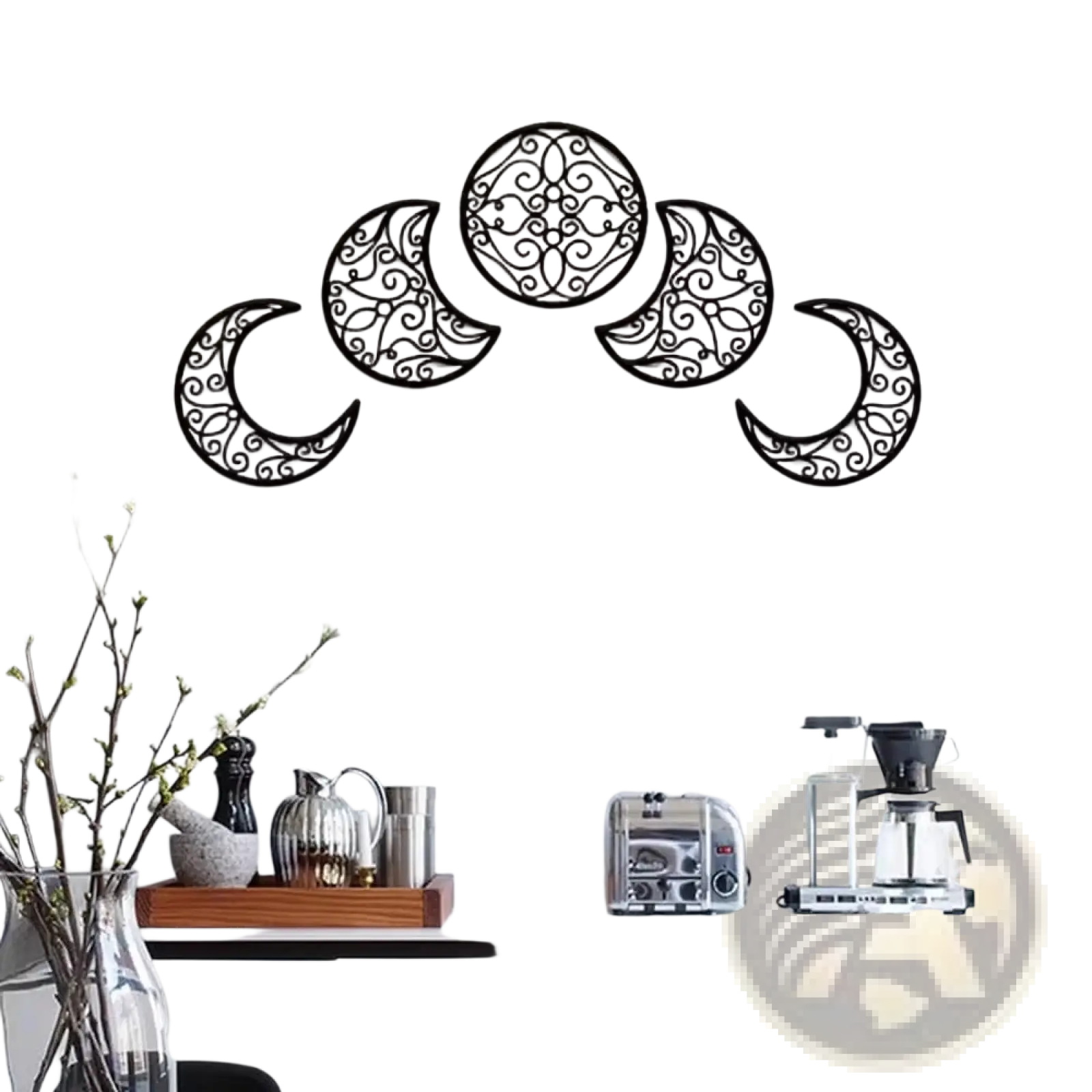 Black metal wall art featuring an ornate design of five crescent moons and one full moon arranged in an arch