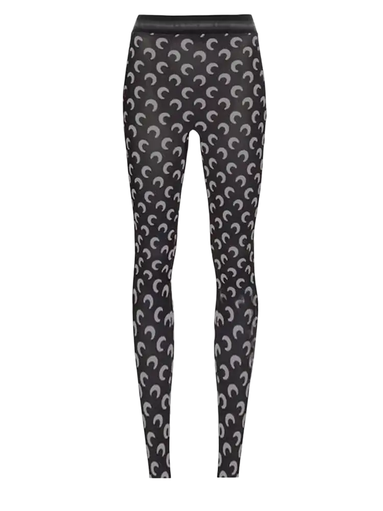 Black high waist leggings with a repeating light gray crescent moon print in a soft stretchy fabric
