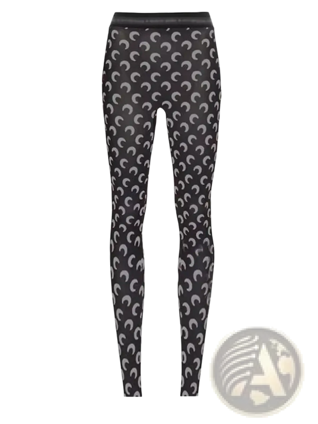 Black high waist leggings with a repeating light gray crescent moon print in a soft stretchy fabric