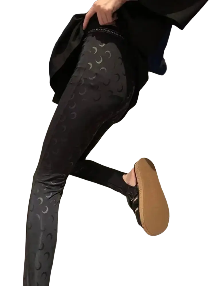 Black moon print high waist leggings featuring a subtle metallic crescent moon pattern on soft fabric
