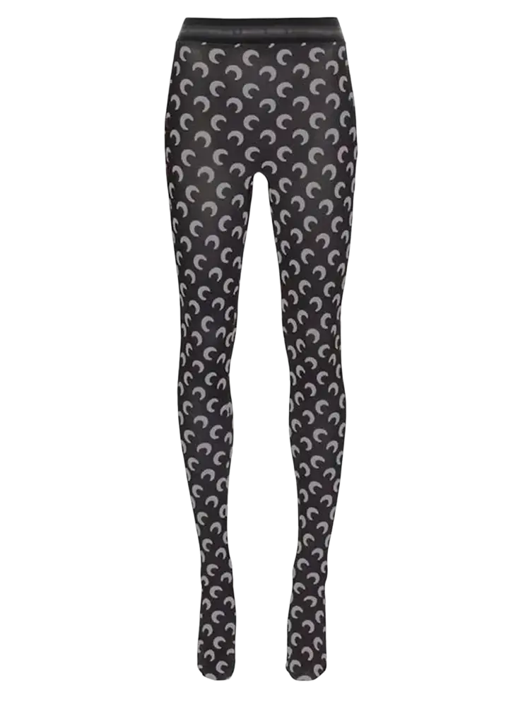 Black moon print high waist leggings featuring a repeating pattern of light gray crescent moons on tights