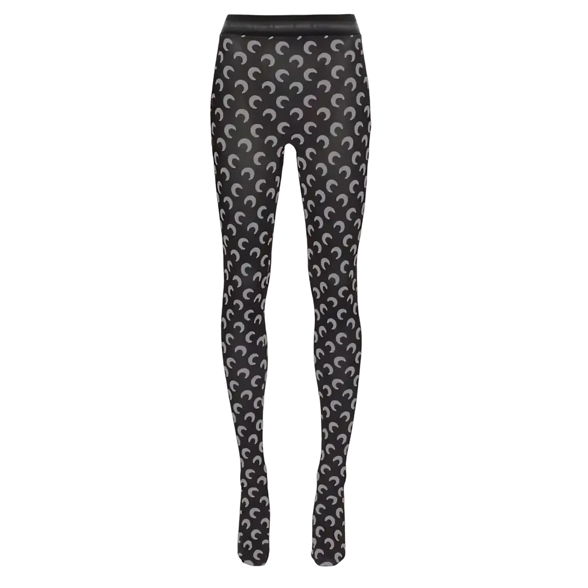 Black high waist leggings with a repeating pattern of light gray crescent moons on a soft opaque fabric