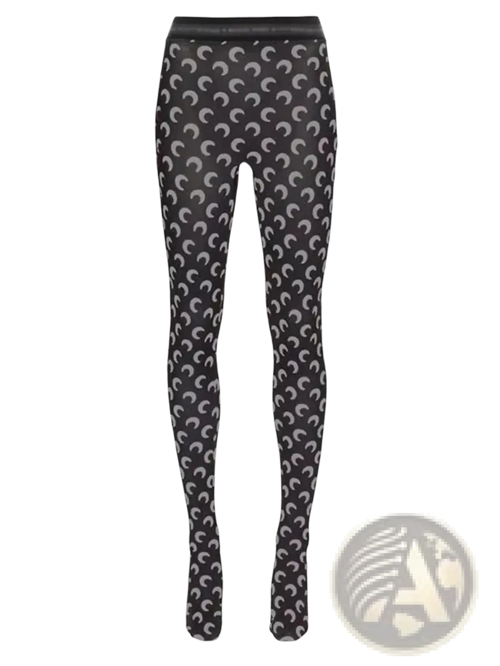 Black moon print high waist leggings featuring a repeating pattern of light gray crescent moons on tights