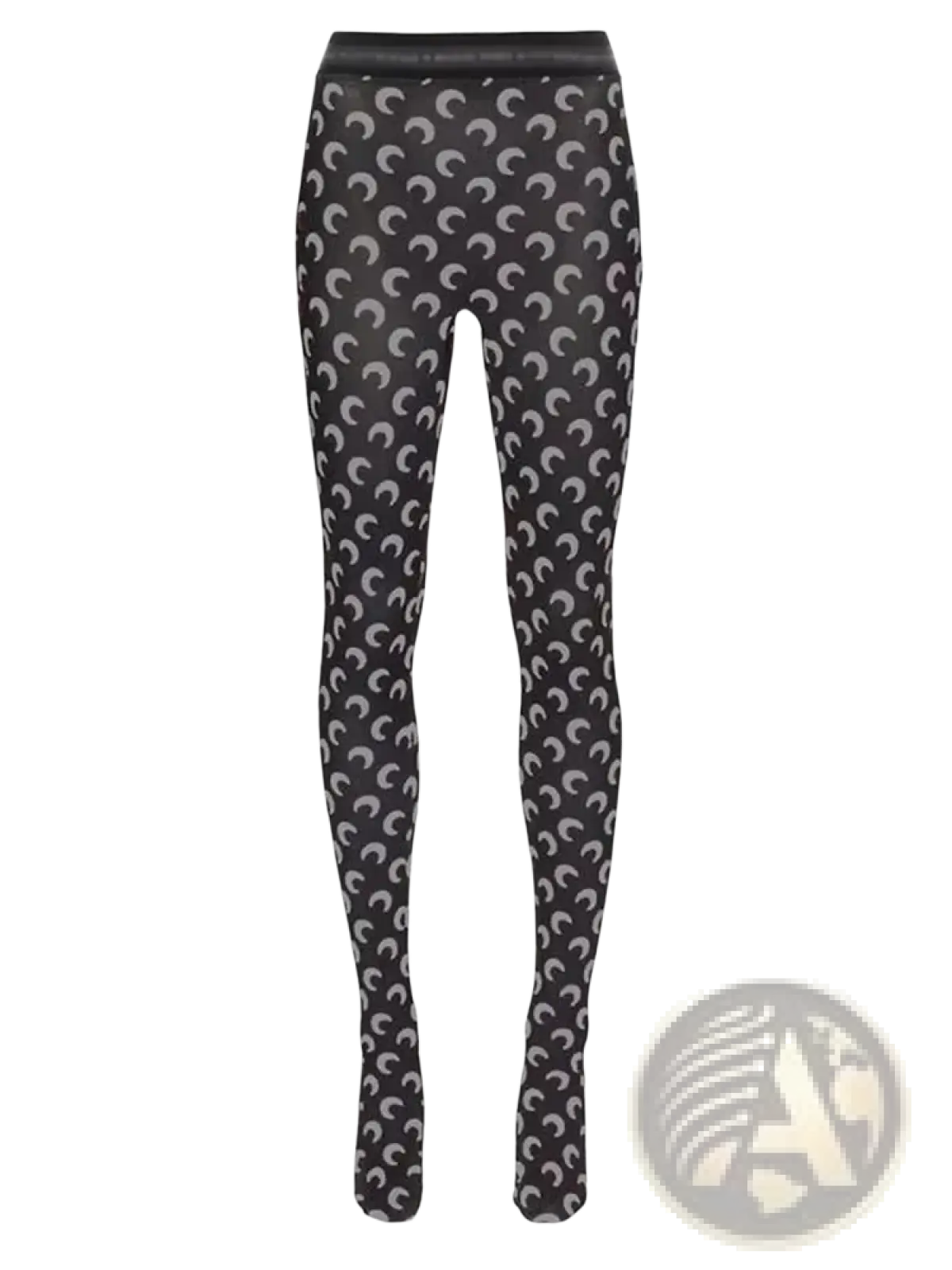 Black moon print high waist leggings featuring a repeating pattern of light gray crescent moons on tights