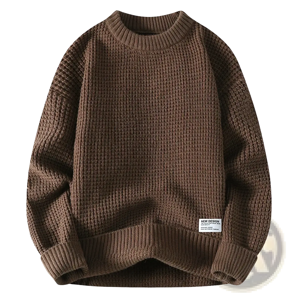Moownuc men waffle knit casual sweater in brown with ribbed cuffs and hem in waffle knit fabric