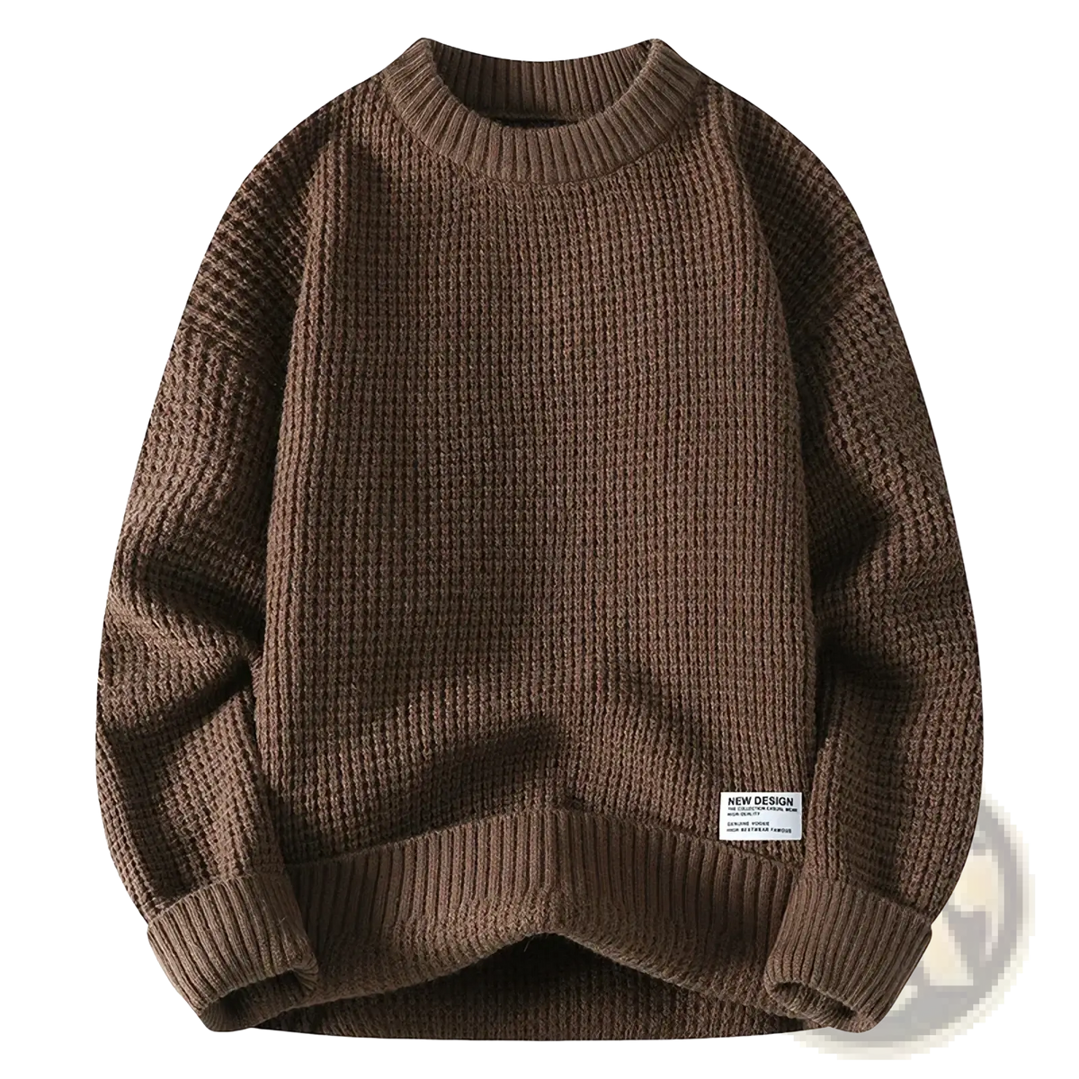 Moownuc men waffle knit casual sweater in brown with ribbed cuffs and hem in waffle knit fabric