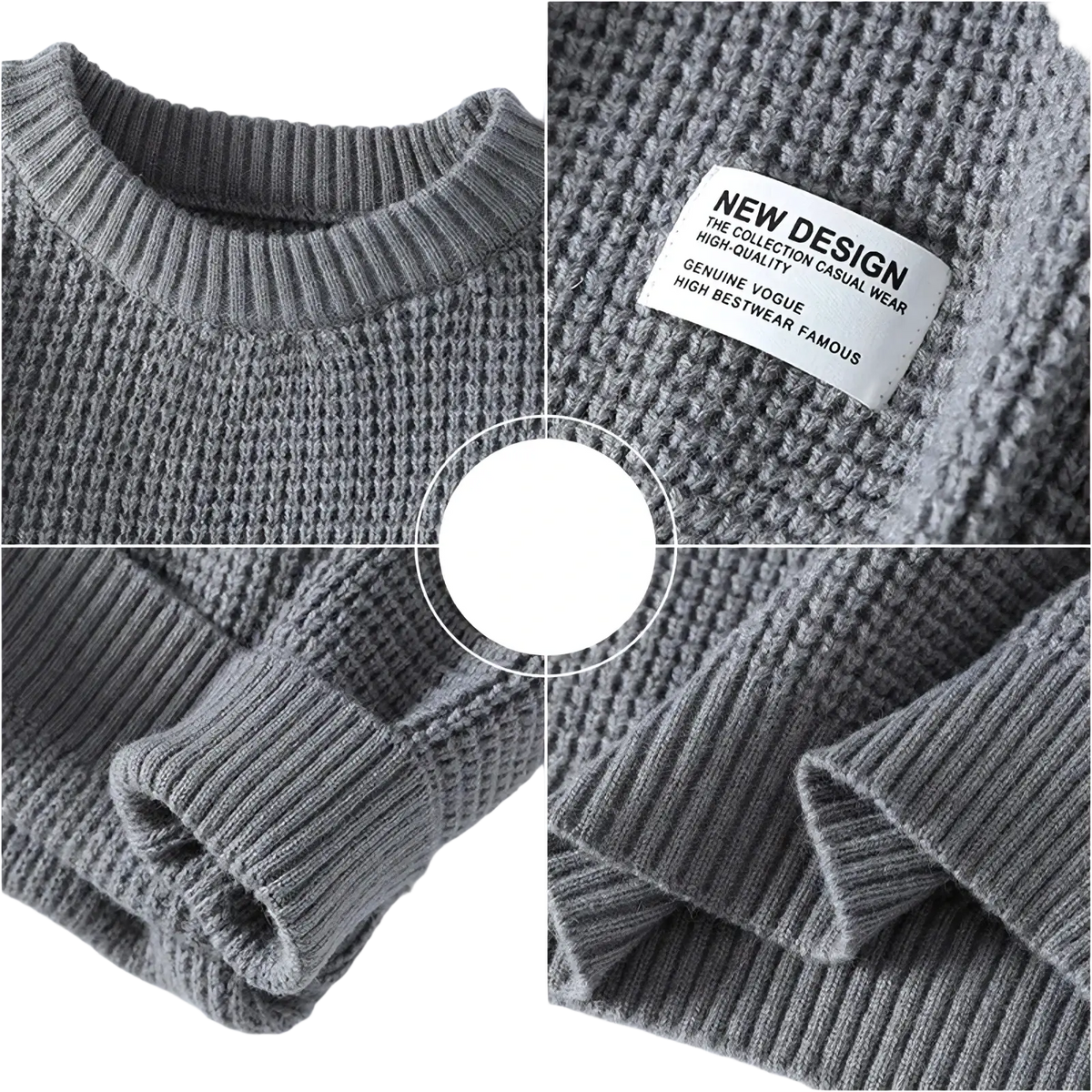 Moownuc men waffle knit casual sweater in gray with ribbed cuffs and neckline featuring a white new design label