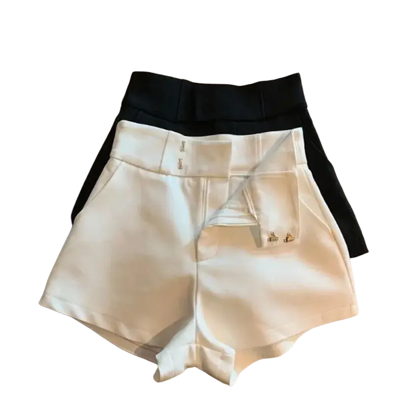 Mooyufon high waisted white shorts for women with a structured belt and subtle gold tone hardware accents