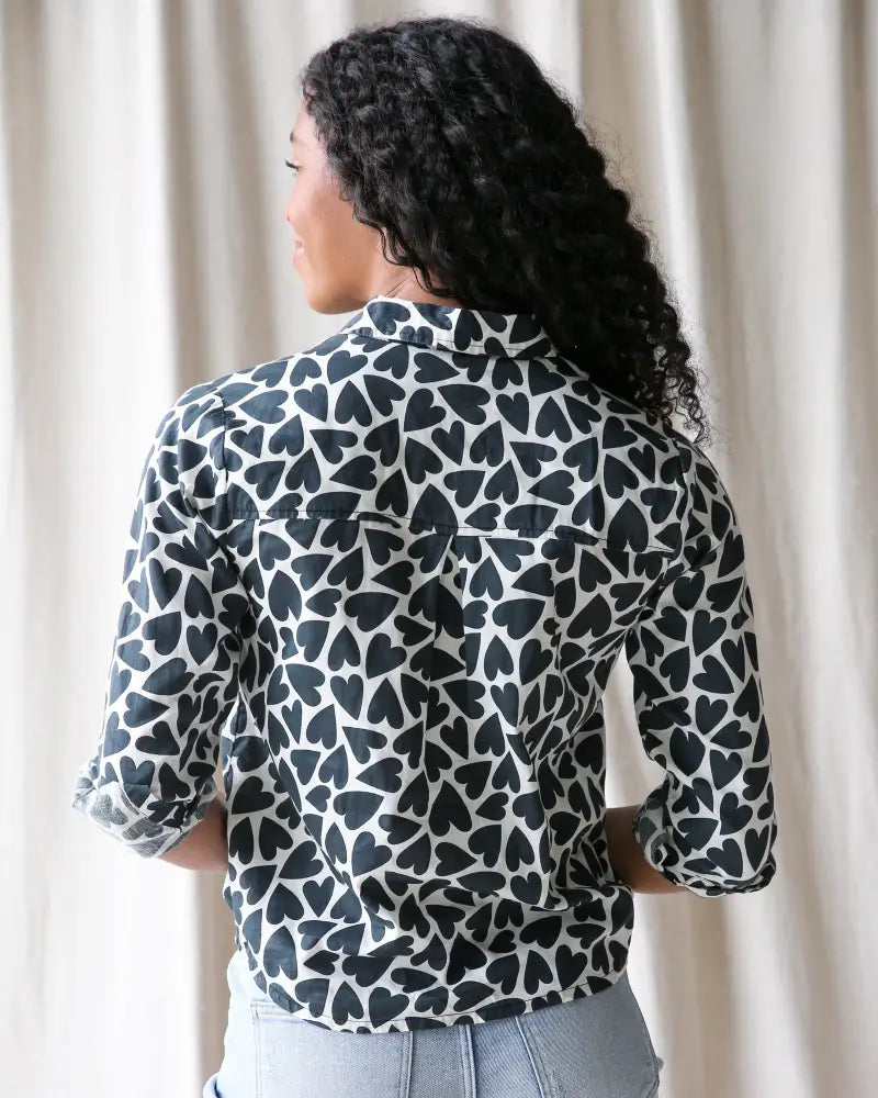 More Love giraffe heart print cotton button up blouse in black and white with rolled up sleeves