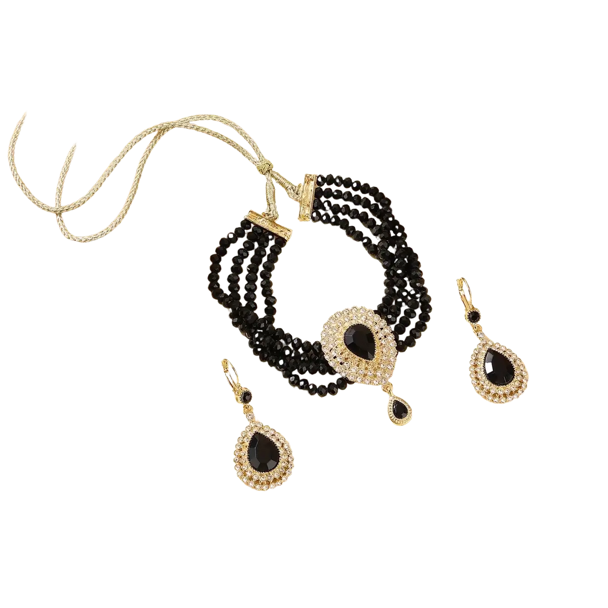 Elegant black beaded Moroccan bridal jewelry set featuring gold-tone accents and teardrop-shaped gemstones with matching earrings