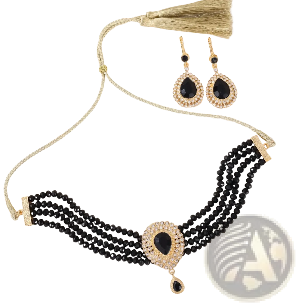 Elegant black beaded choker necklace with gold-tone accents and teardrop pendant paired with matching earrings Moroccan bridal jewelry set
