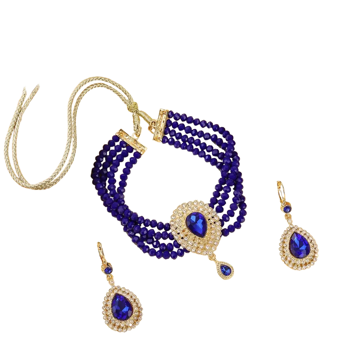 Elegant royal blue beaded bracelet set with gold-tone accents and crystal embellishments for Moroccan bridal jewelry
