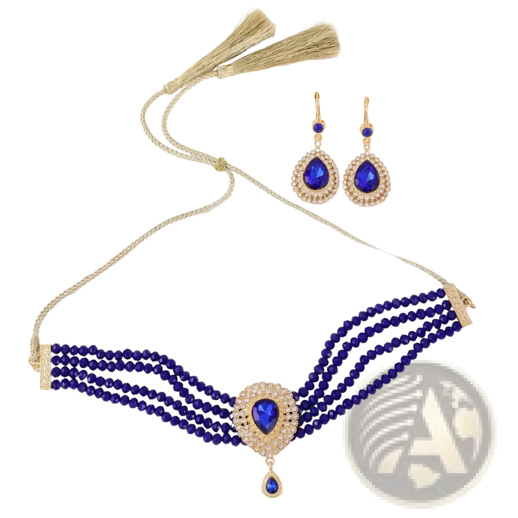 Elegant royal blue beaded choker necklace with gold accented pendant and matching drop earrings Moroccan bridal set
