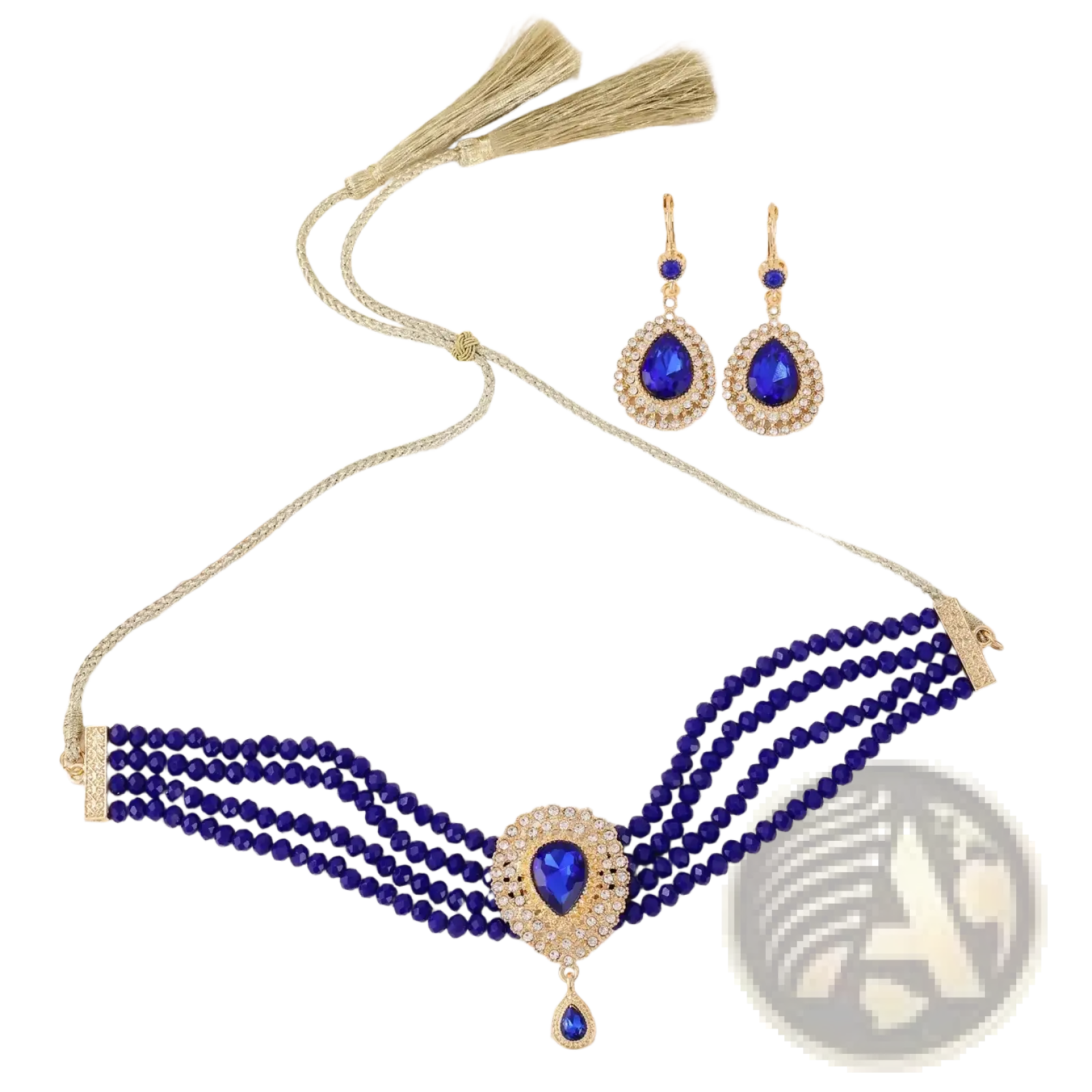 Elegant royal blue beaded choker necklace with gold accented pendant and matching drop earrings Moroccan bridal set